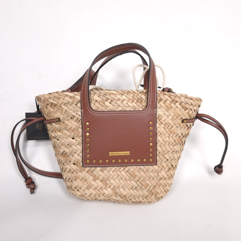 HOUSE OF HARLOW 1960 Women's Straw Tote Bag Studded Faux Leather Trim Top Handle - Picture 2 of 12